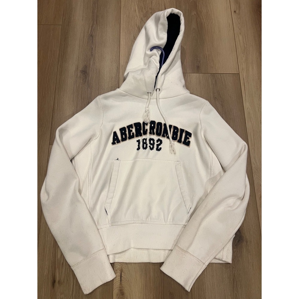 Abercrombie & Fitch Hoodie Mens M White 1892 Logo Applique Pullover Y2K